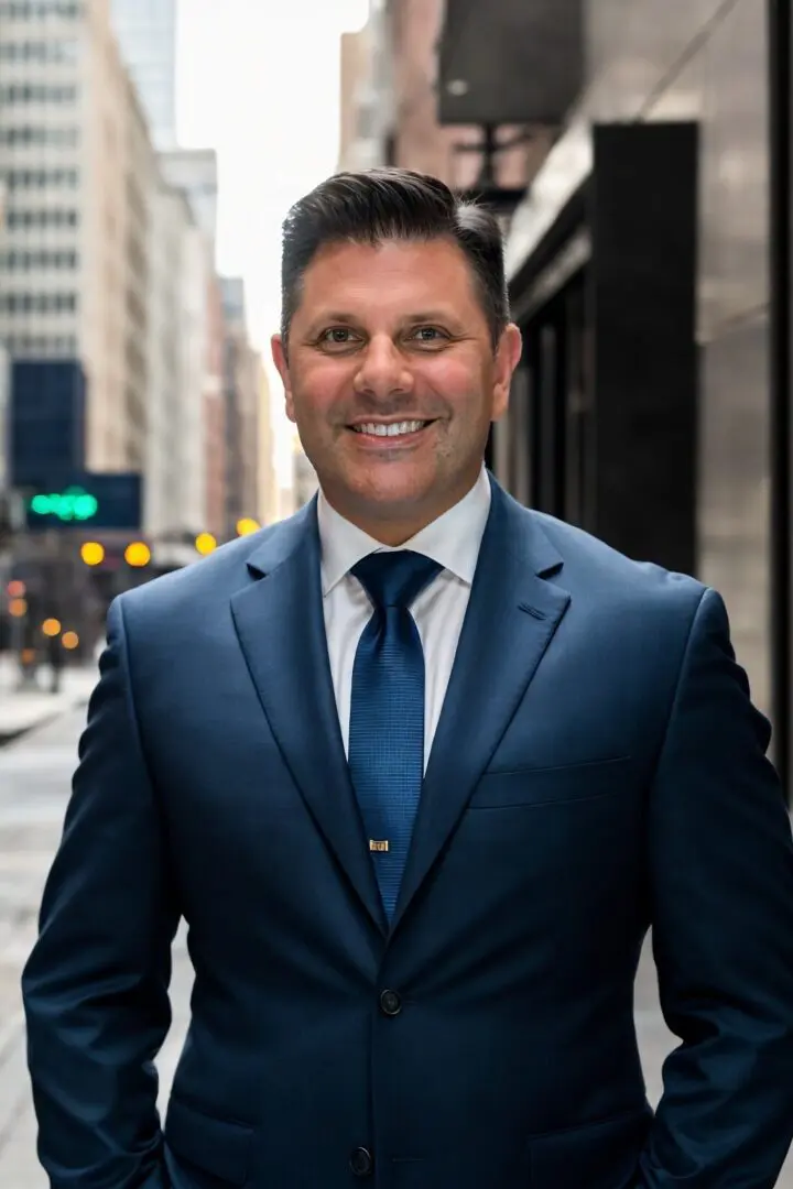 A man in a suit and tie standing on the street.