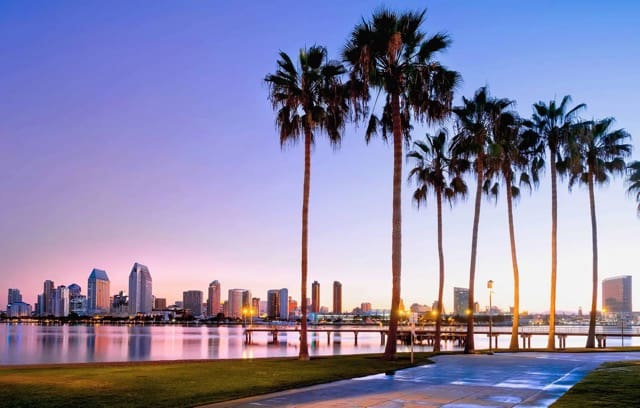 Sunset skyline with palms and waterfront promenade